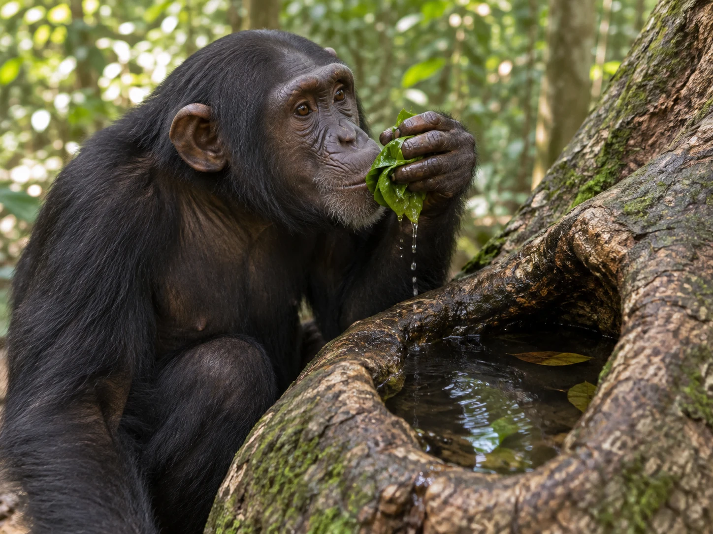 A chimpanzee drinking from a bundle of wet green leaves beside a tree hollow