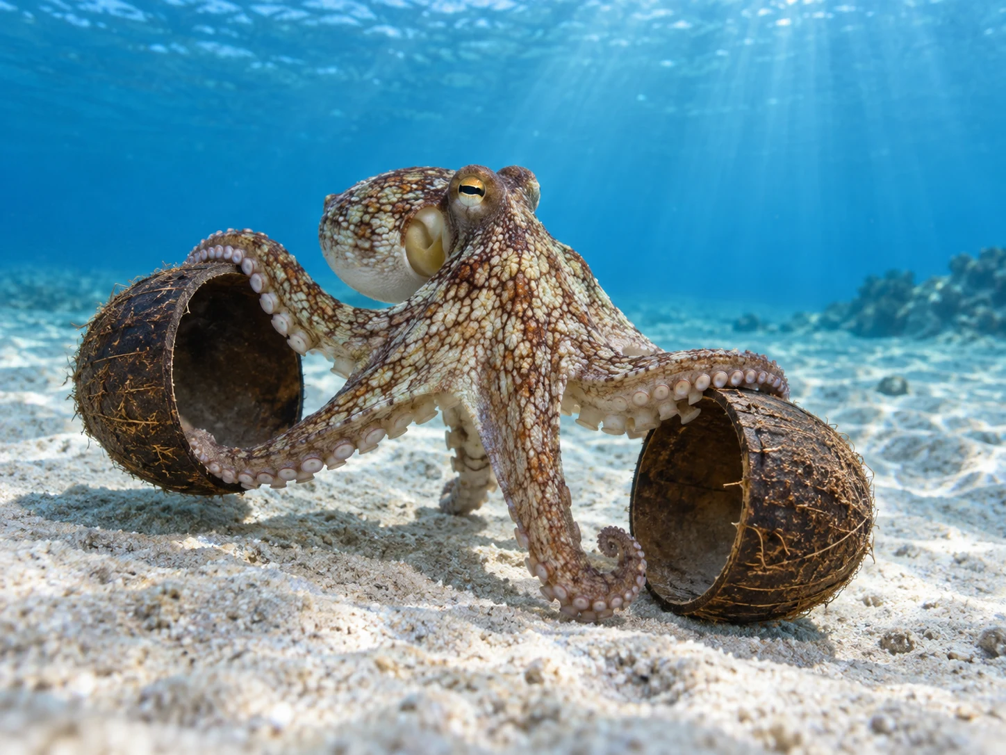 A veined octopus carrying two empty coconut shell halves across a sandy seafloor