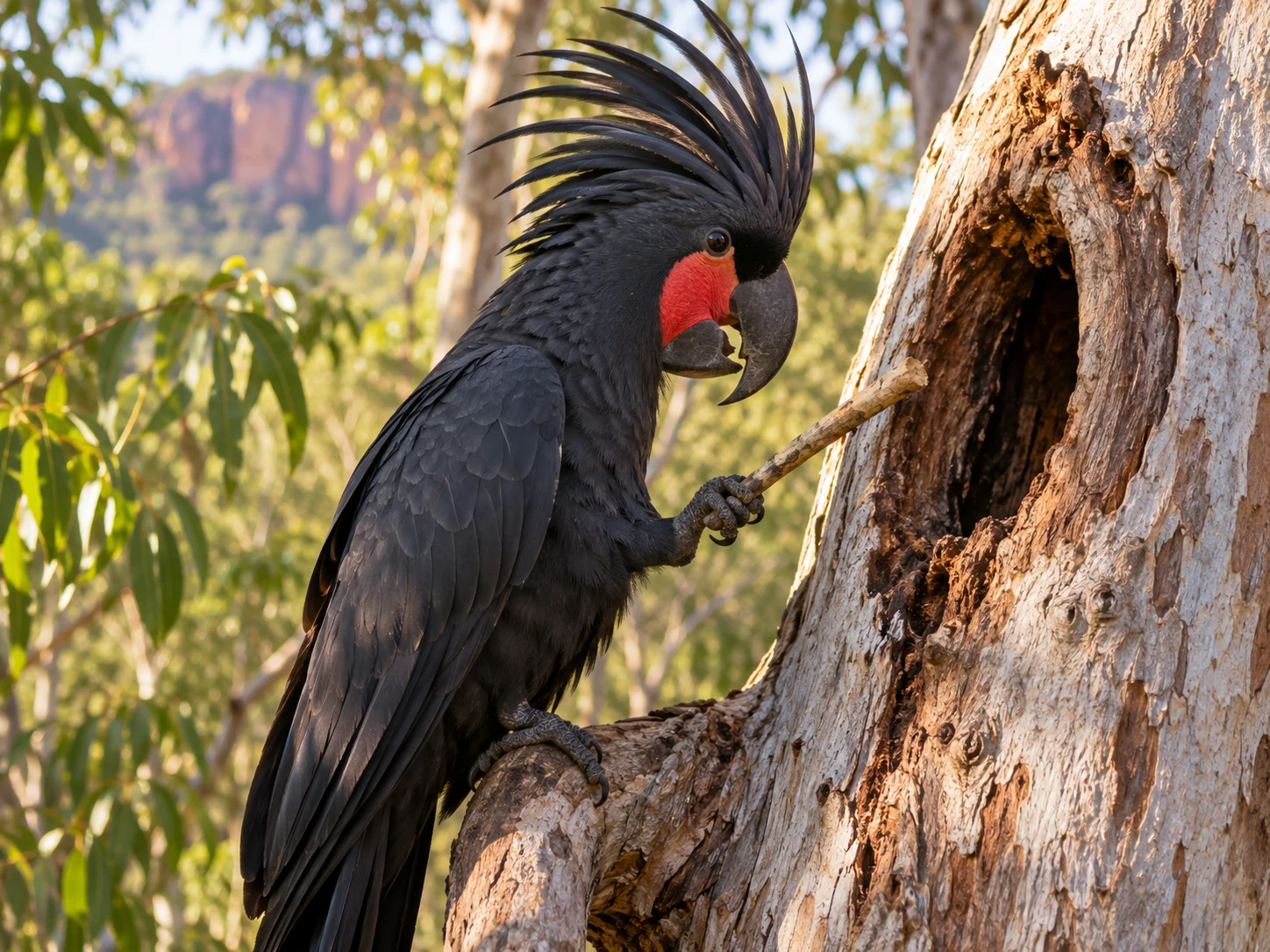 A black palm cockatoo holding a short drumstick against a hollow eucalyptus trunk