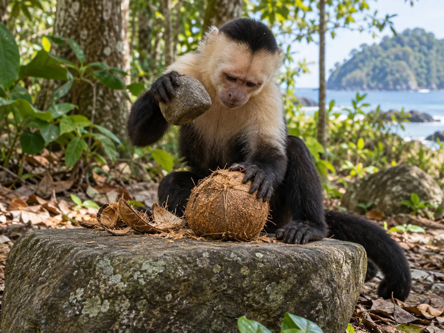 A white-faced capuchin holding a rounded stone over a coconut on a flat rock