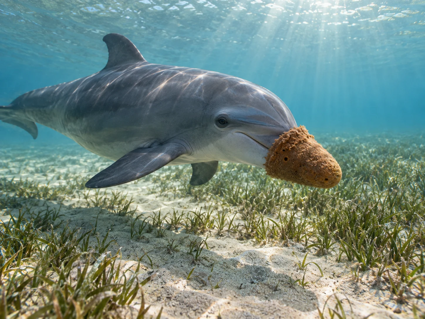 A bottlenose dolphin wearing a soft brown sea sponge over its beak above seagrass