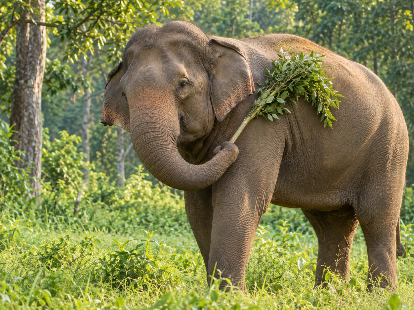 An Asian elephant brushing a shortened leafy branch across its shoulder