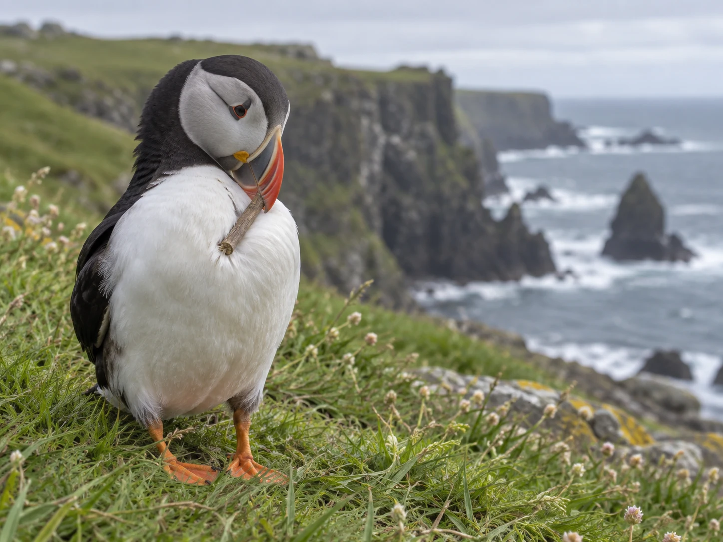 An Atlantic Puffin holding a short wooden stick against its white chest feathers