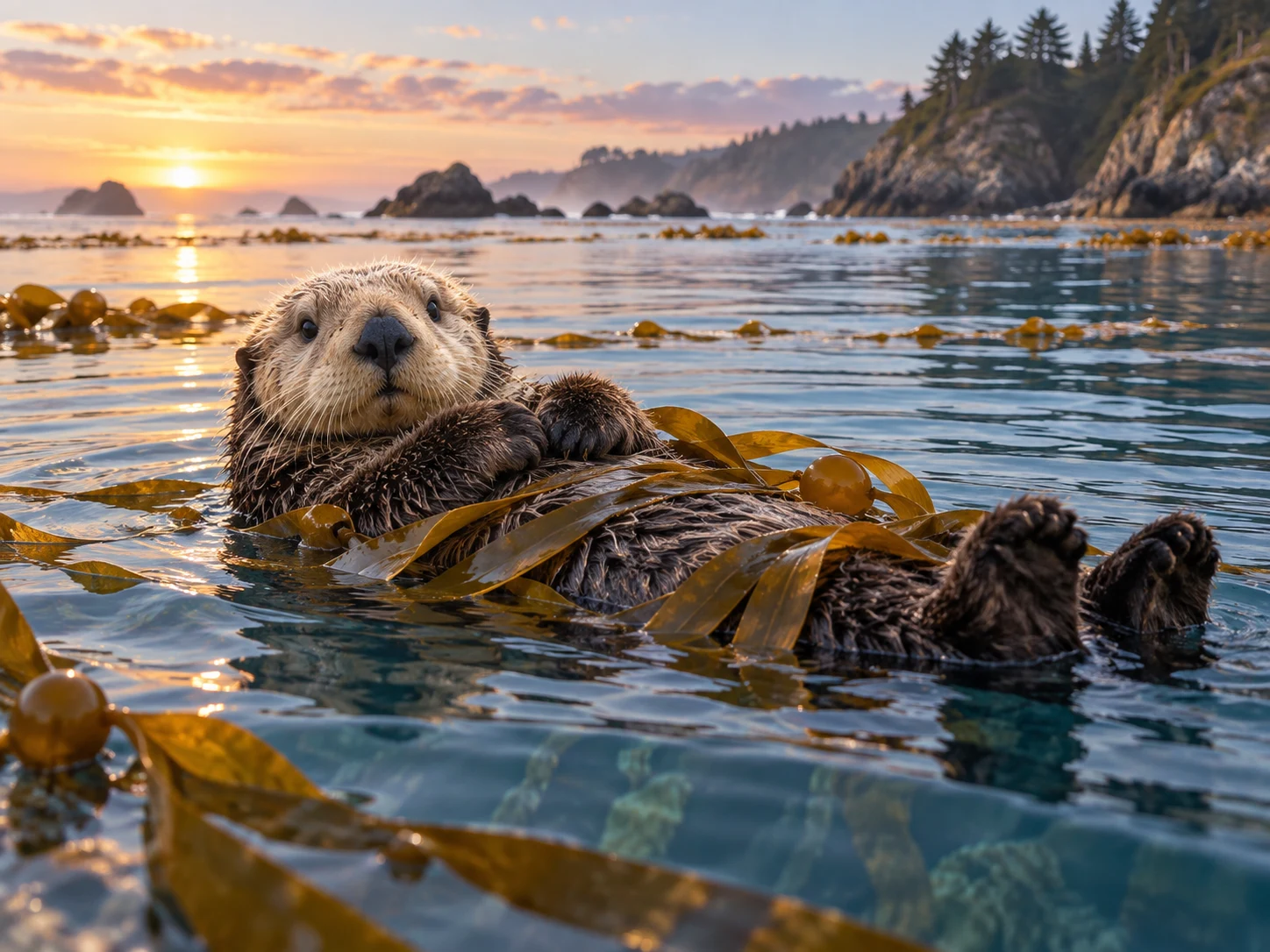 A sea otter floating on its back while wrapped in golden kelp