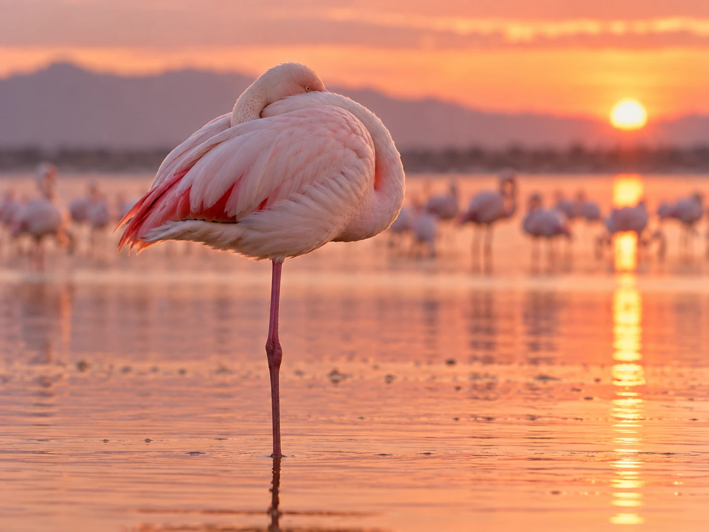 A pink flamingo resting on one leg in a sunrise lagoon