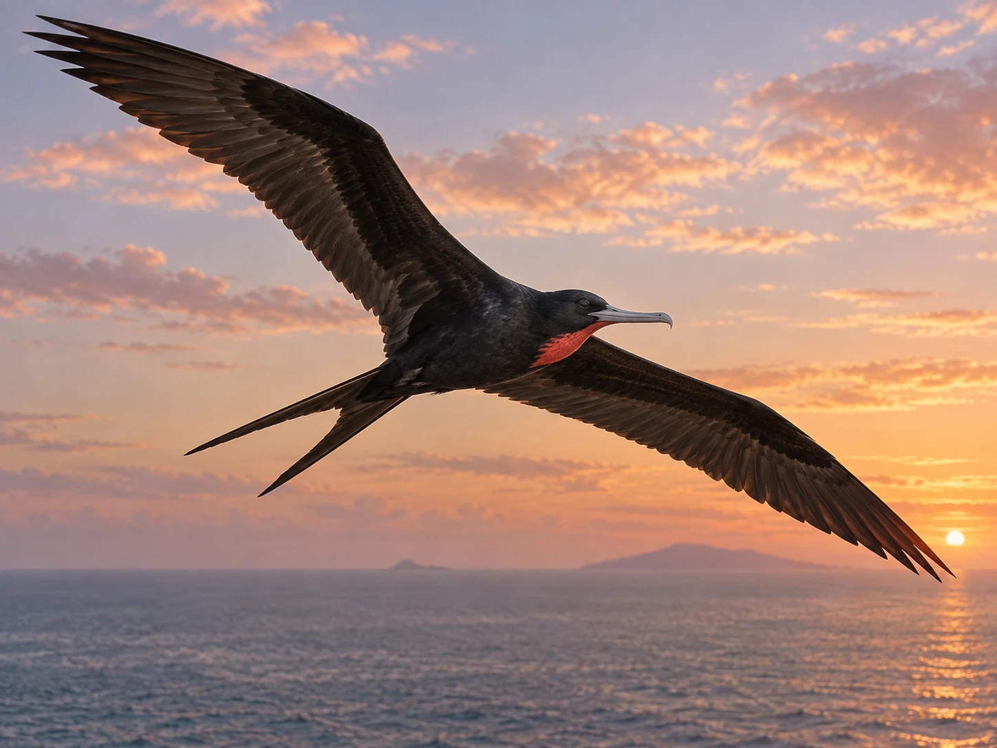 A frigatebird soaring above the ocean at sunset with one eye closed