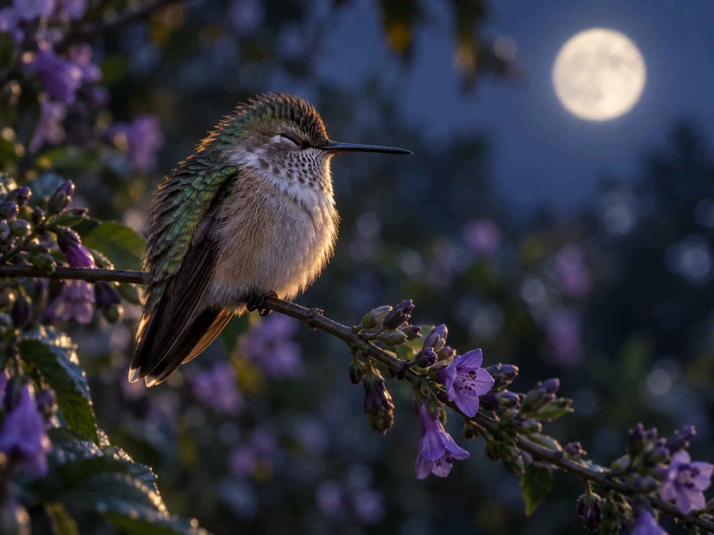 A small hummingbird resting on a flowering twig in moonlight