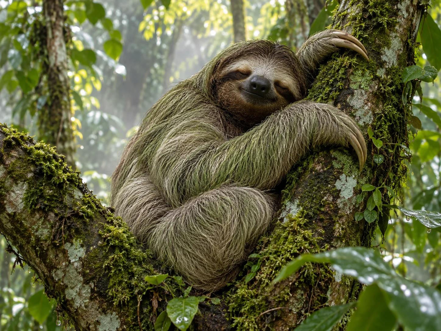 A three-toed sloth sleeping in the fork of a mossy rainforest tree