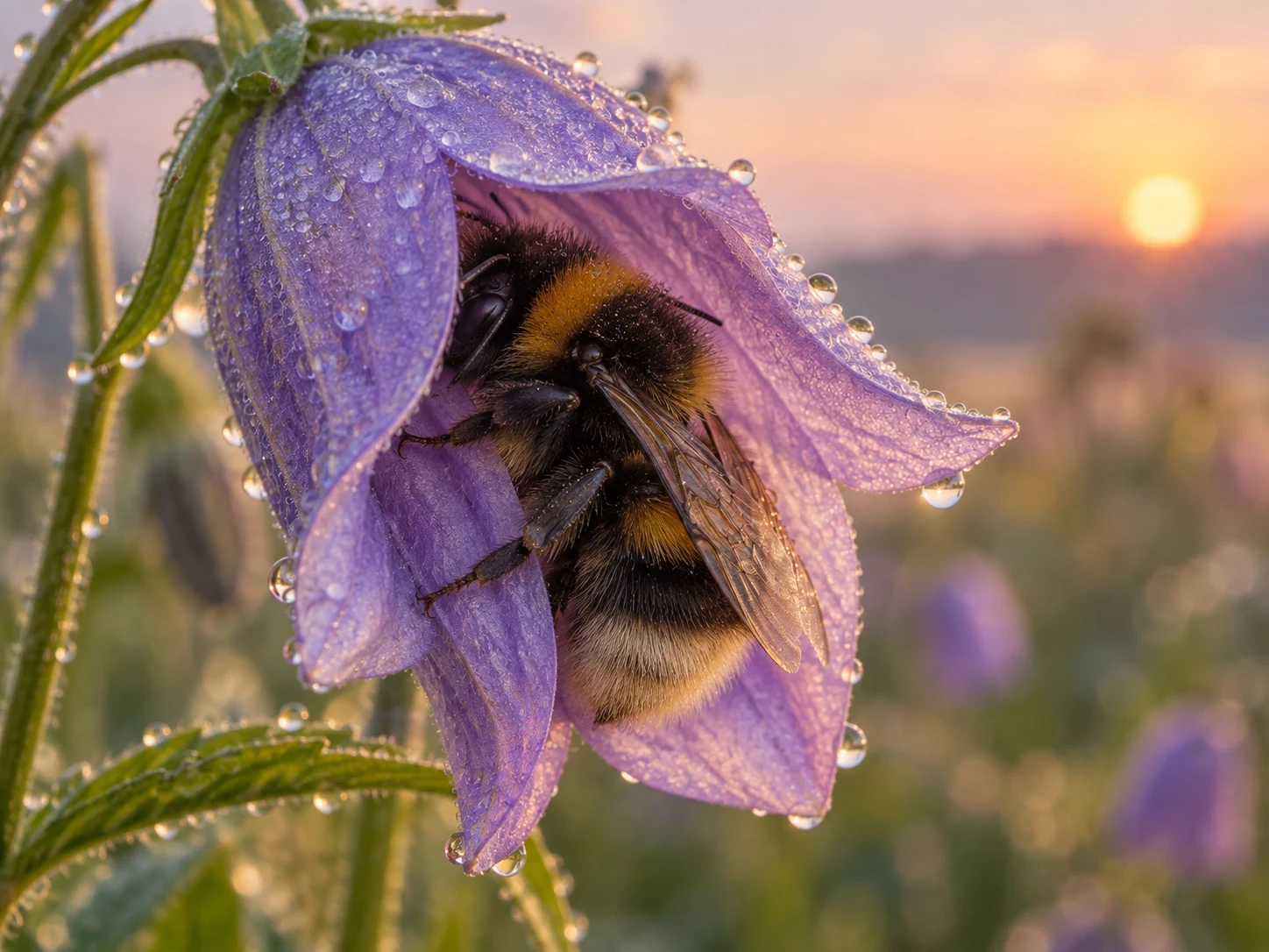 A bumblebee sleeping inside a dew-covered purple flower