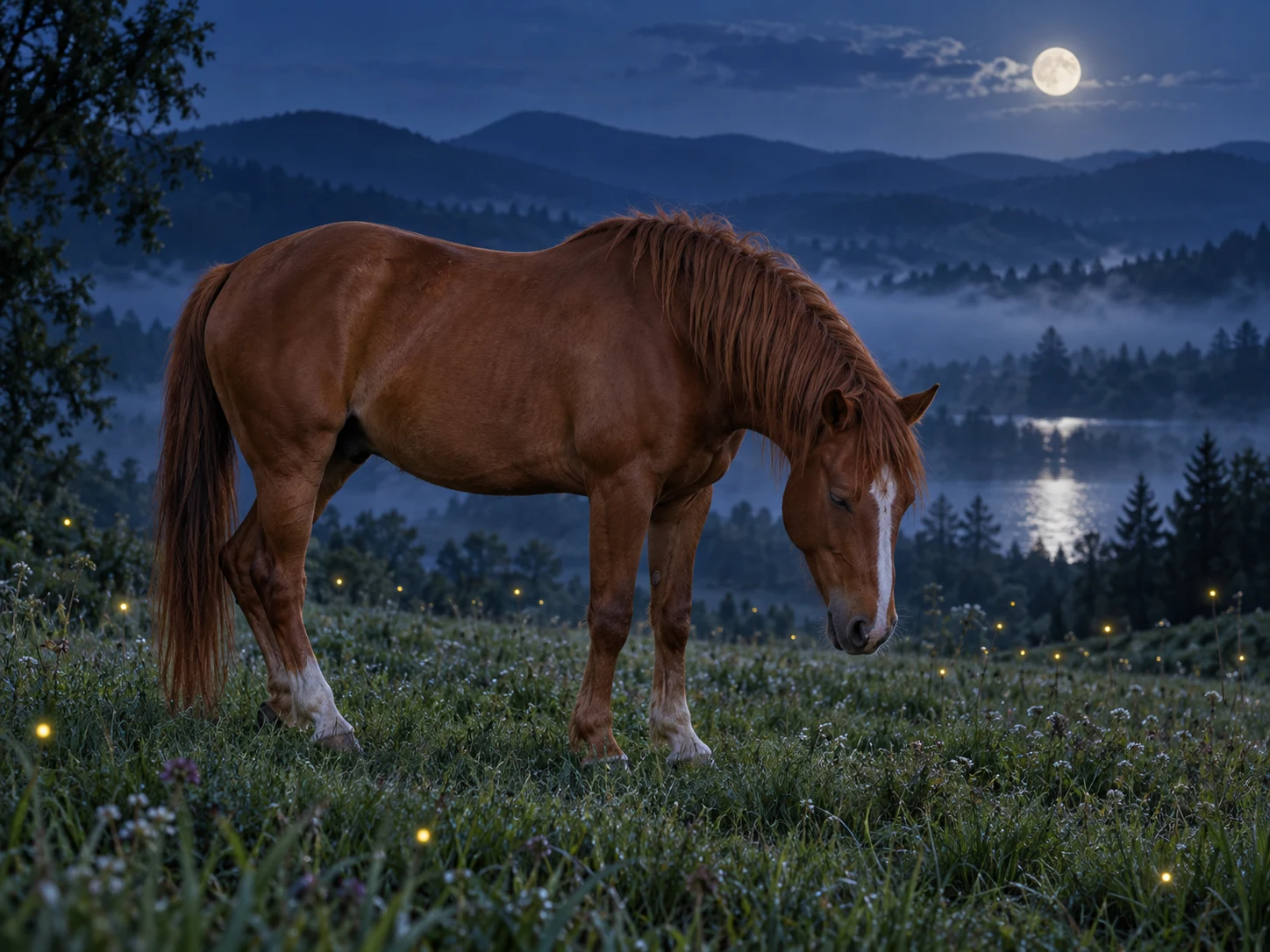 A chestnut horse sleeping while standing in a moonlit meadow