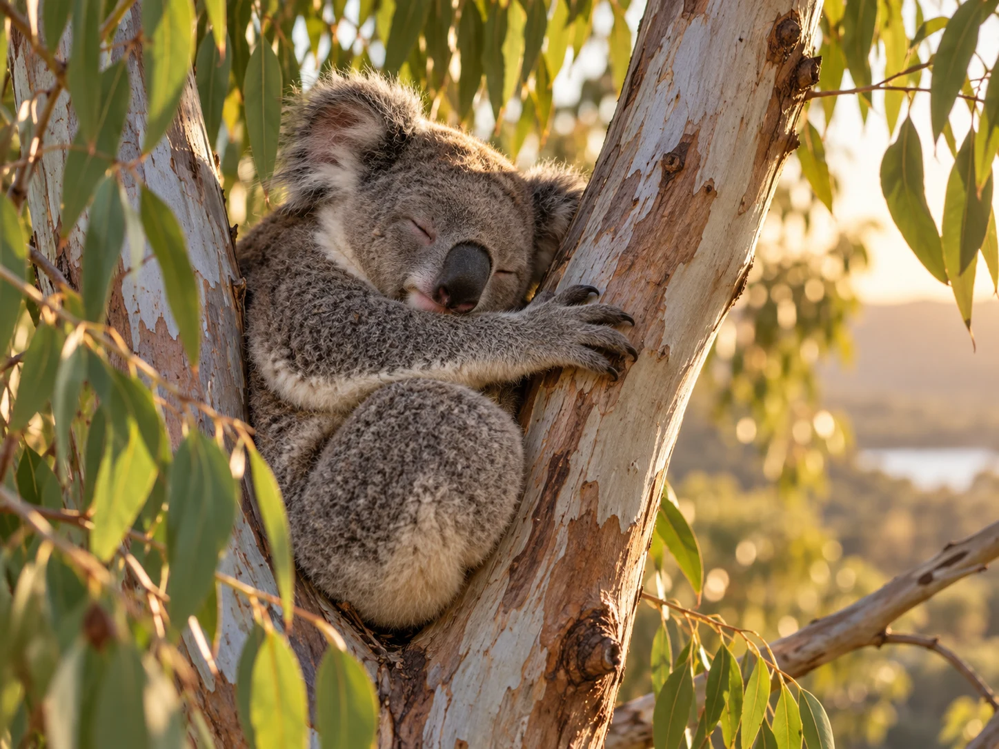 A koala sleeping in the fork of a eucalyptus tree at golden hour