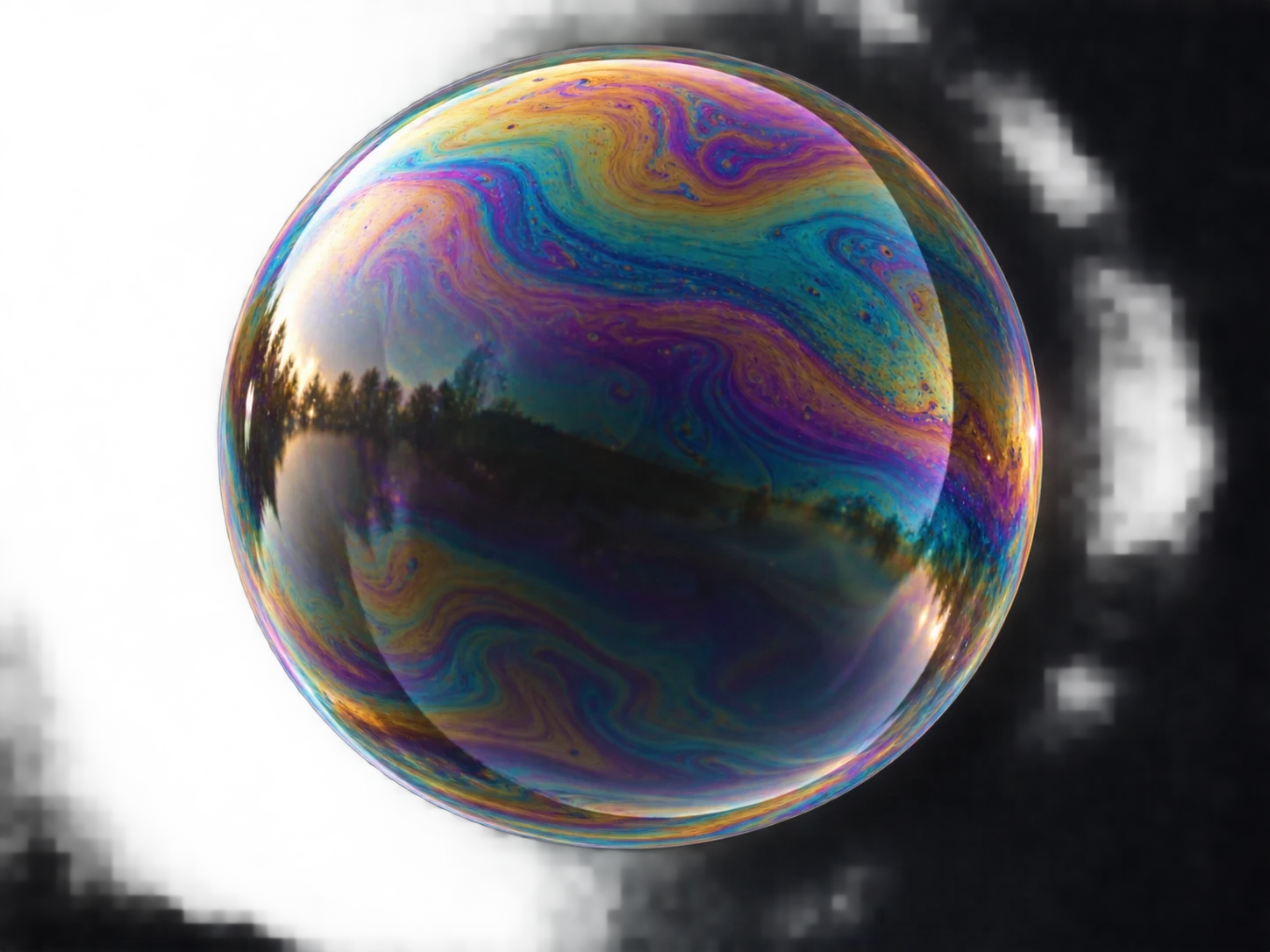 A transparent soap bubble covered in swirling rainbow bands against black
