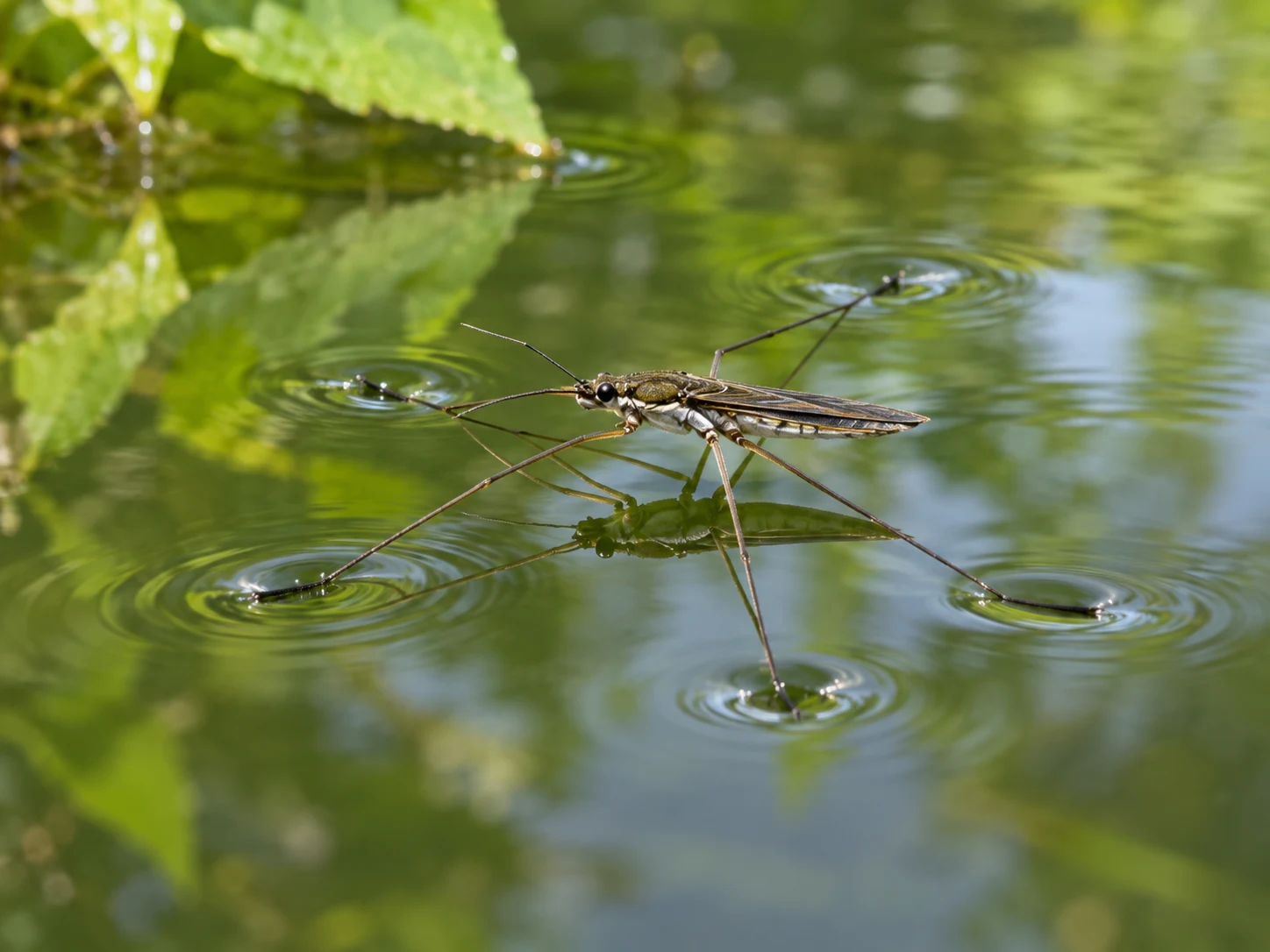 A water strider making small dimples and ripples on a green pond