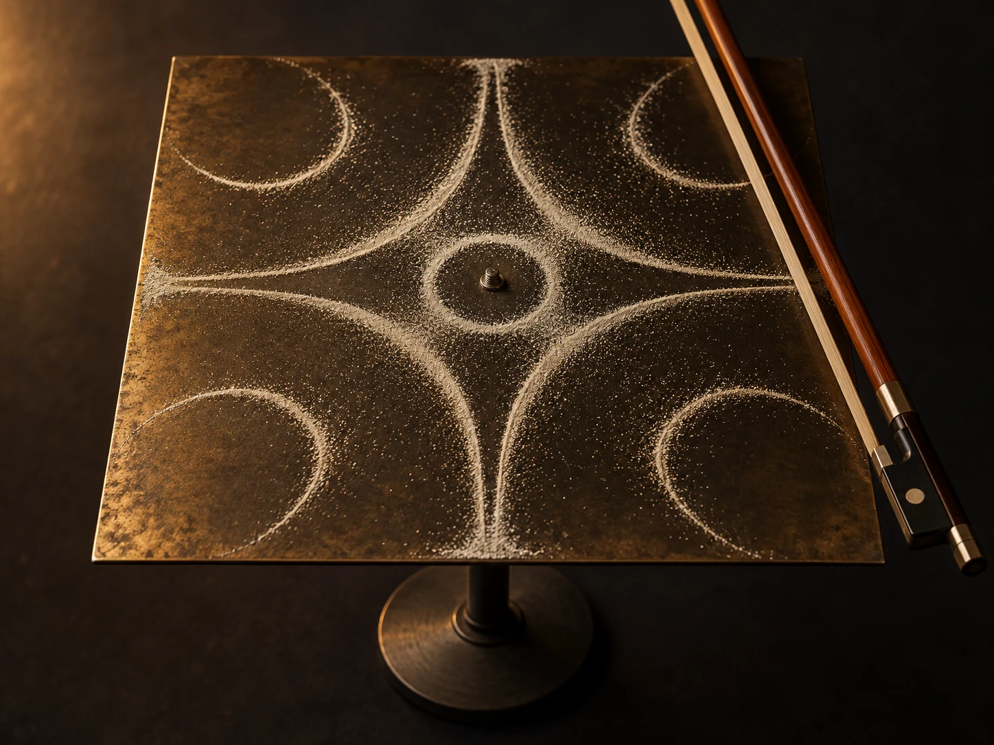Pale sand forming a symmetrical pattern on a square brass plate