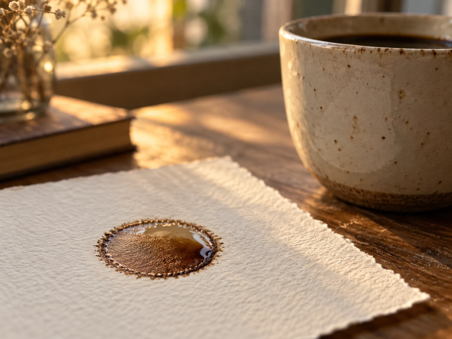 A drying coffee drop forming a dark ring on ivory paper beside a ceramic cup