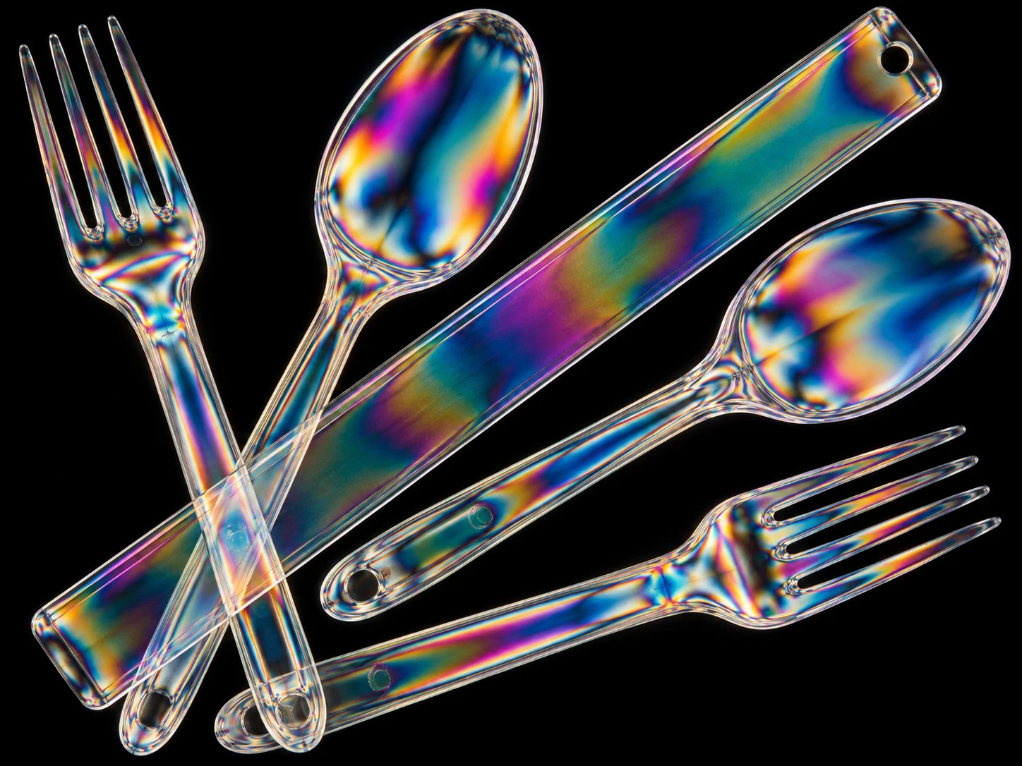 Clear plastic utensils glowing with rainbow bands on a black background