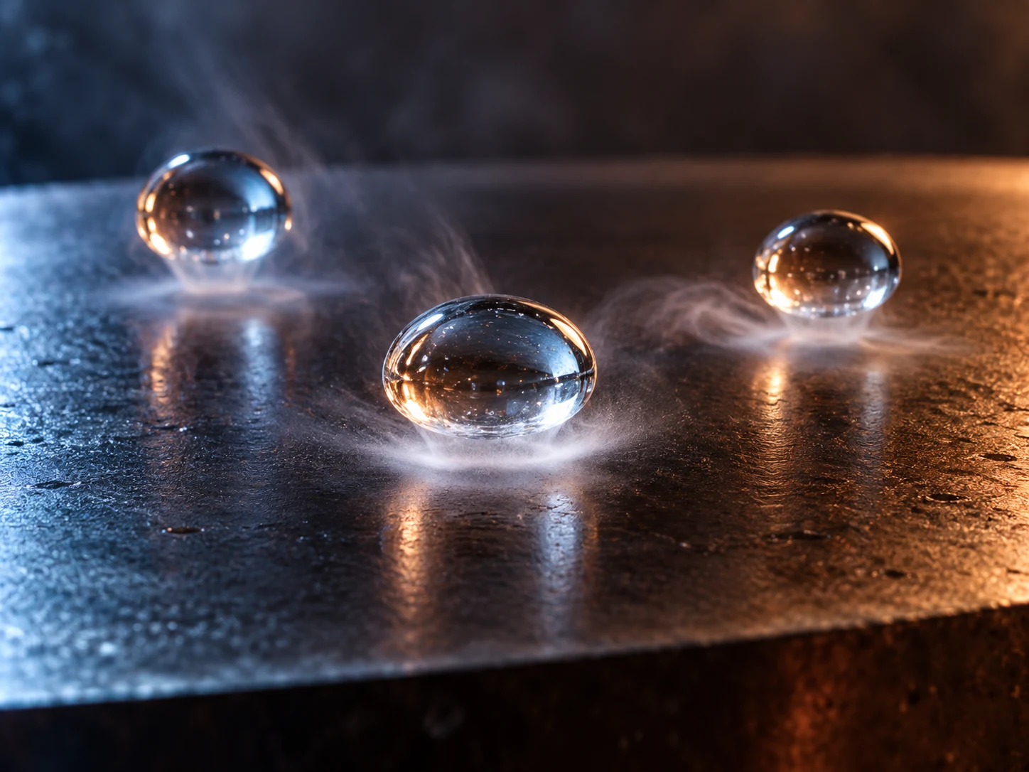 Three round water drops floating above a dark metal surface on faint vapor