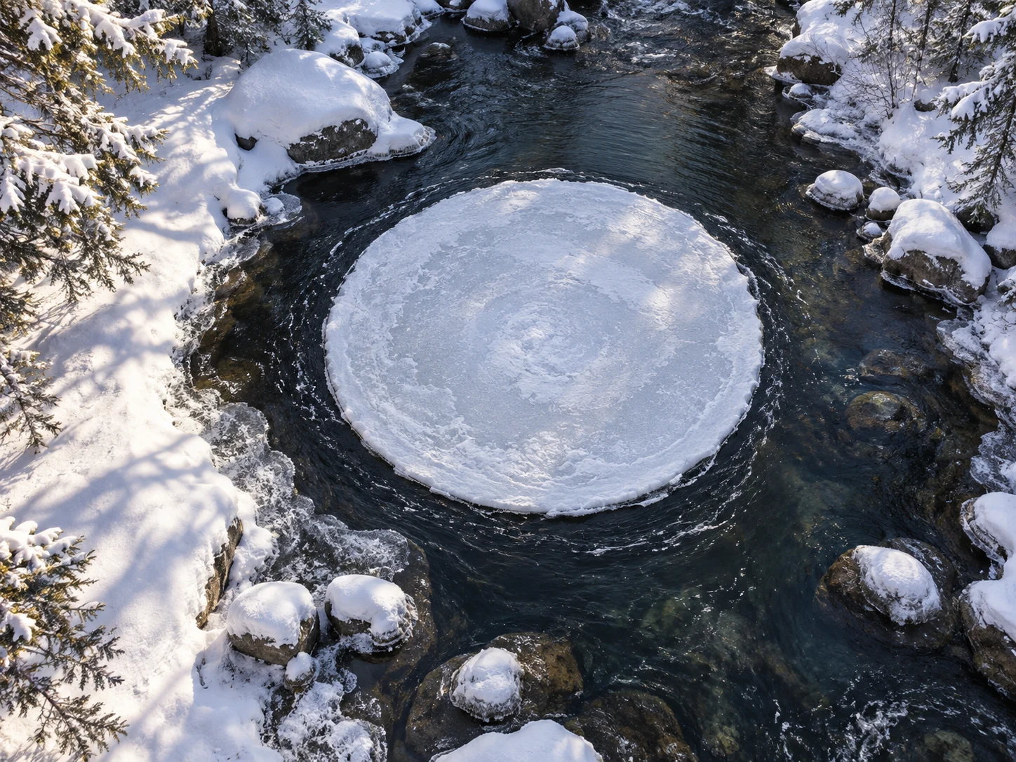 A large round disk of white ice floating in a dark snowy forest stream