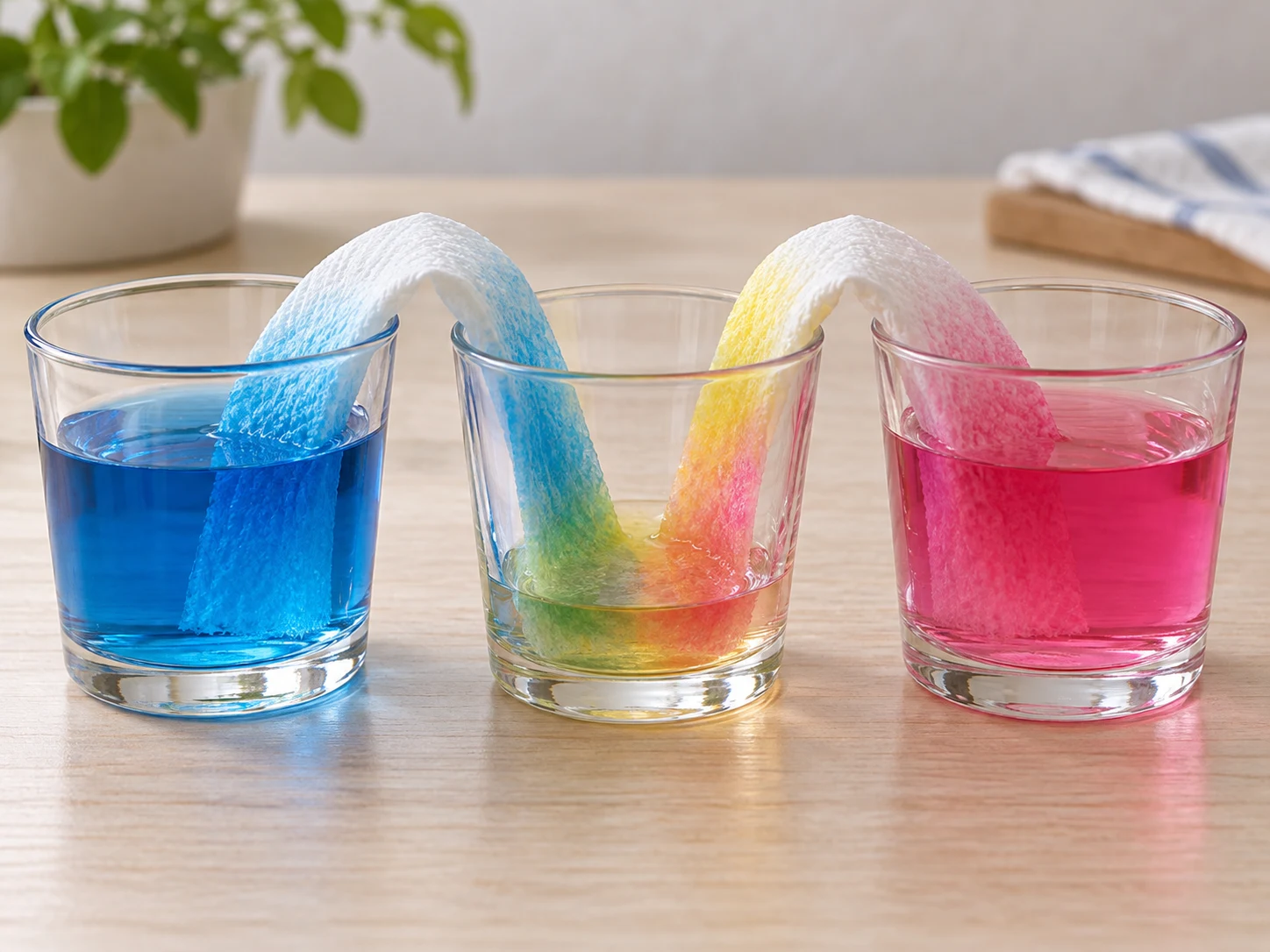 Blue and pink water climbing through white paper towels between three glasses