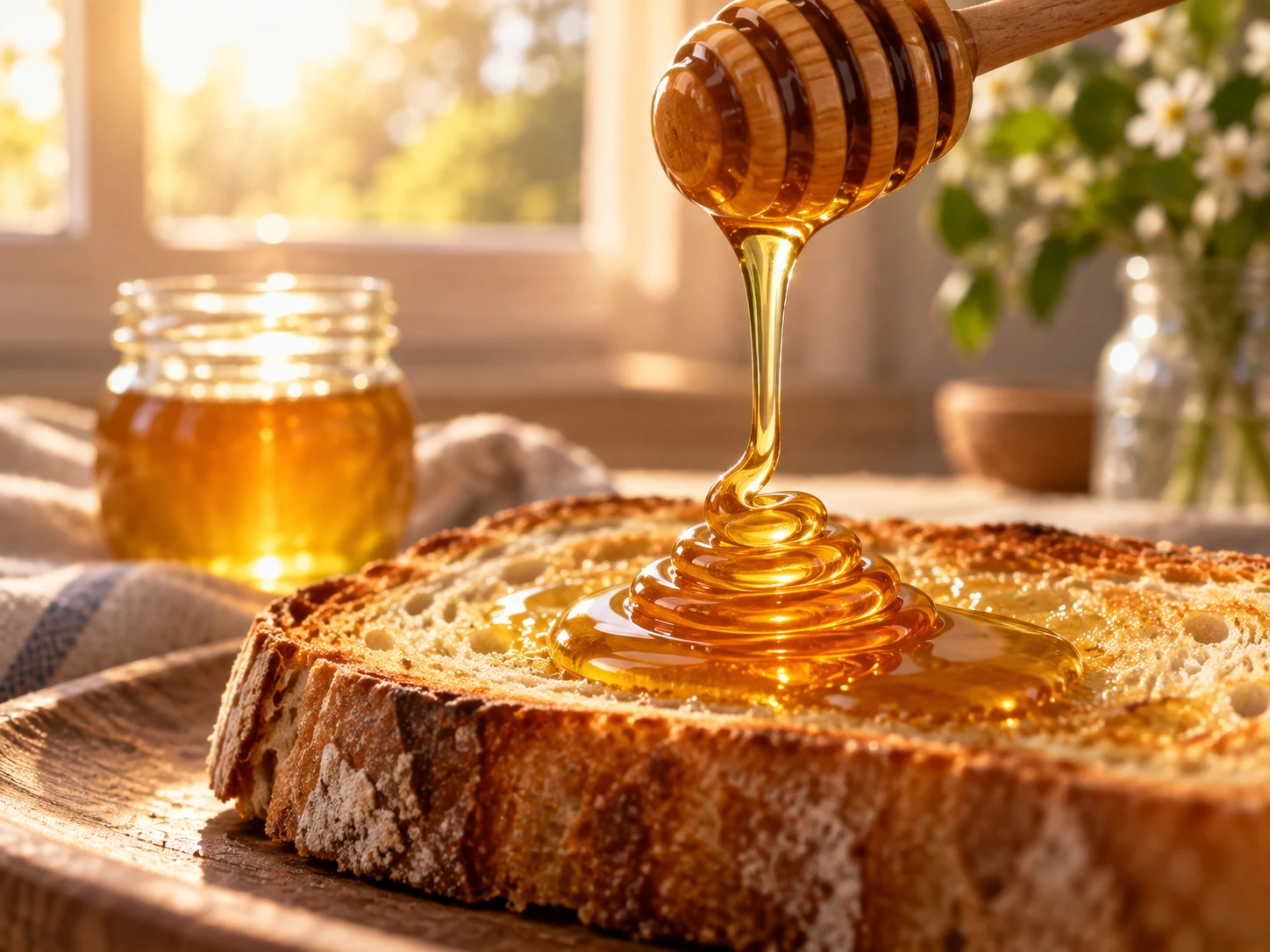Amber honey falling from a wooden dipper and coiling on warm toast