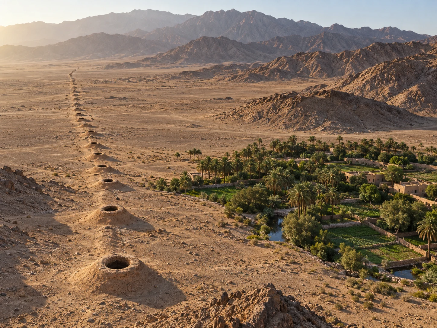 A line of qanat access shafts crossing a desert toward a green oasis