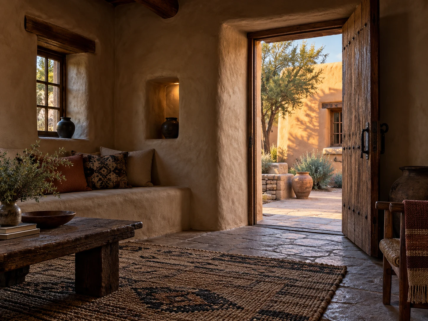 A shaded adobe room with thick ochre walls opening onto a sunny courtyard