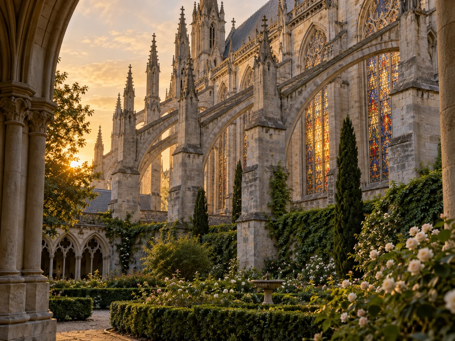 Gothic cathedral flying buttresses and glowing stained-glass windows above a garden