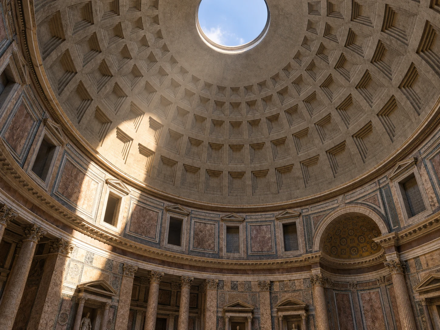 A coffered Roman dome with an open oculus and a bright oval of sunlight