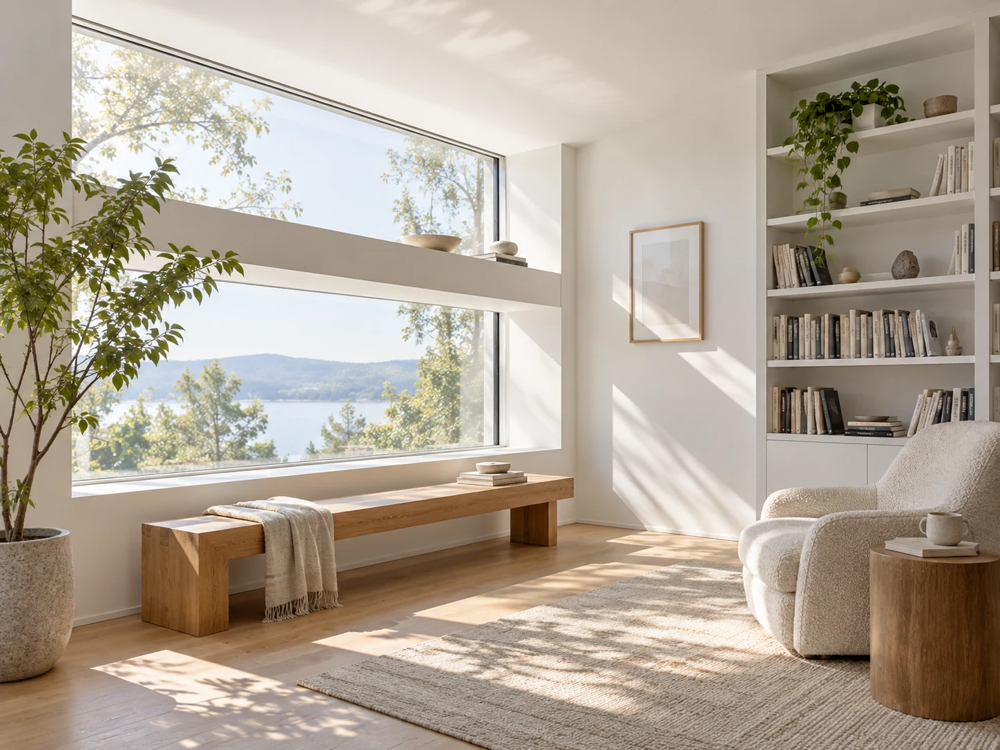 A white reading room where a window shelf reflects daylight onto the ceiling