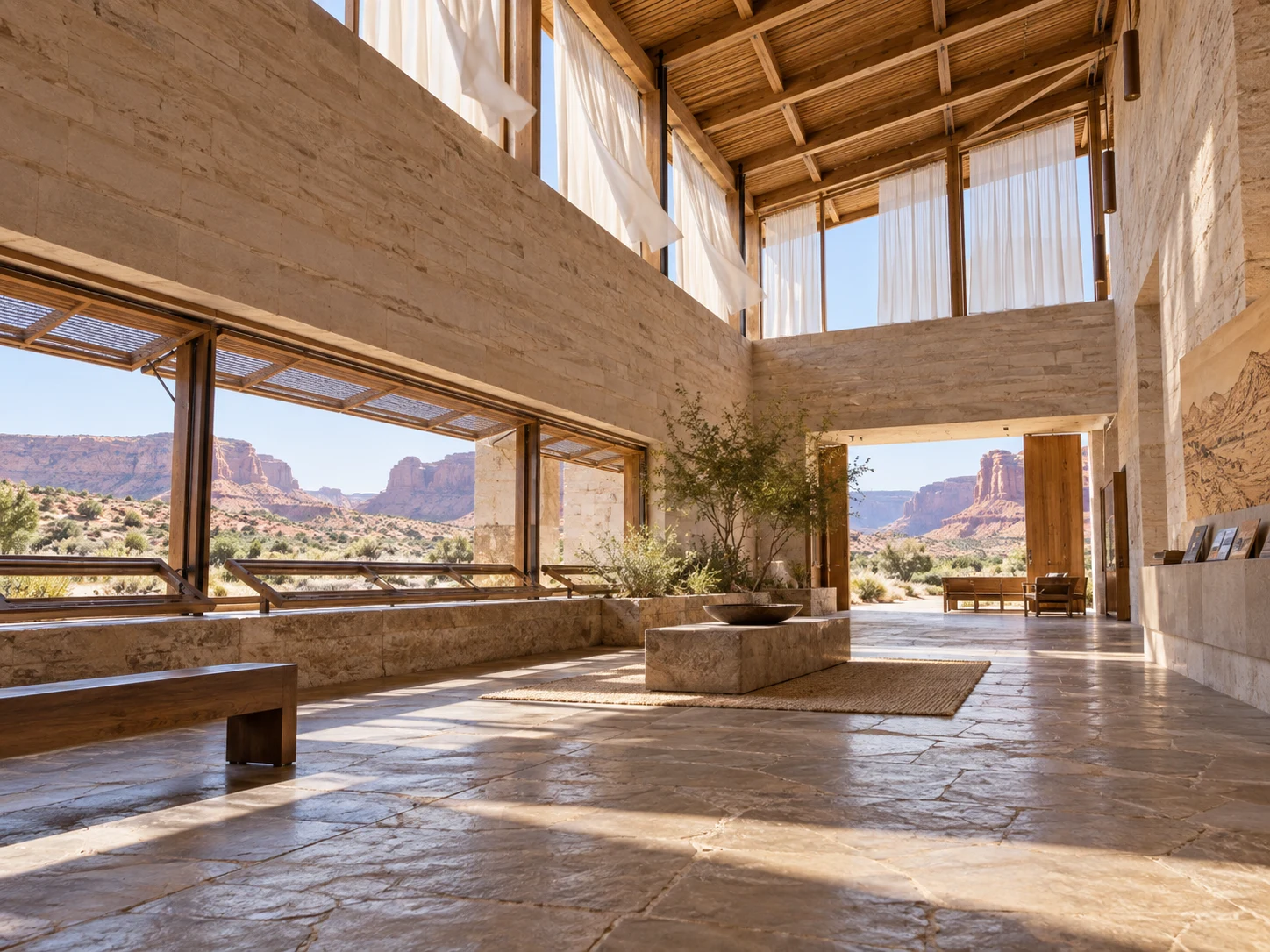 An airy stone room with low open windows and high clerestory windows
