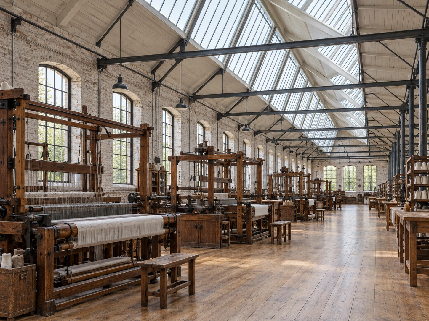 A restored weaving hall lit by a long row of sawtooth roof windows