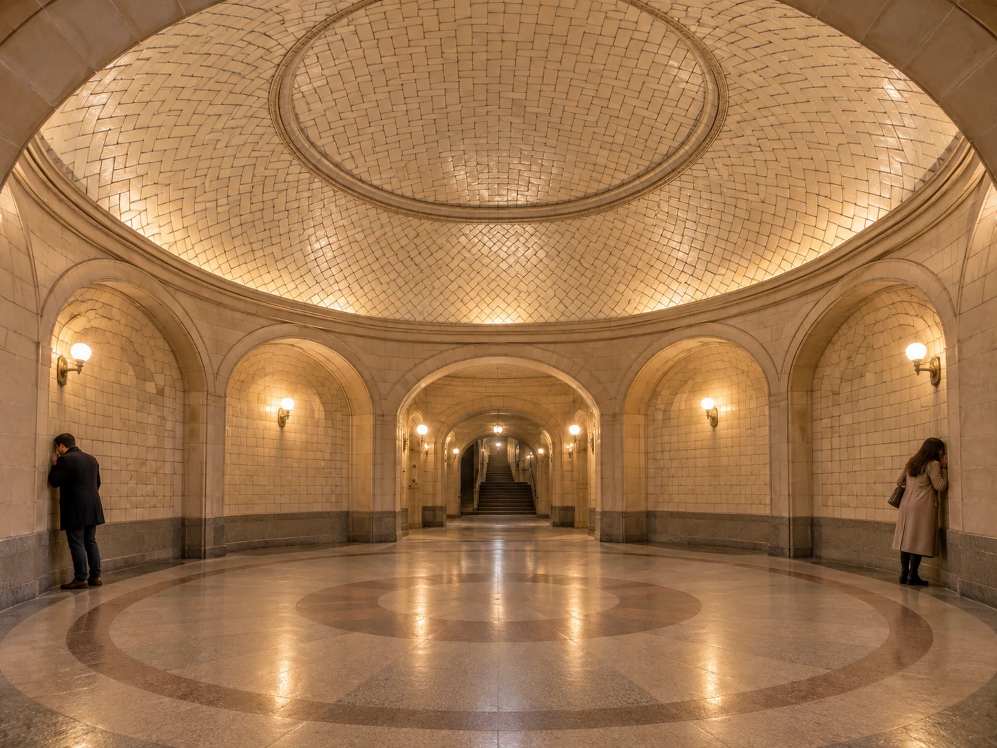 Two people whispering at opposite sides of a curved cream-tiled gallery