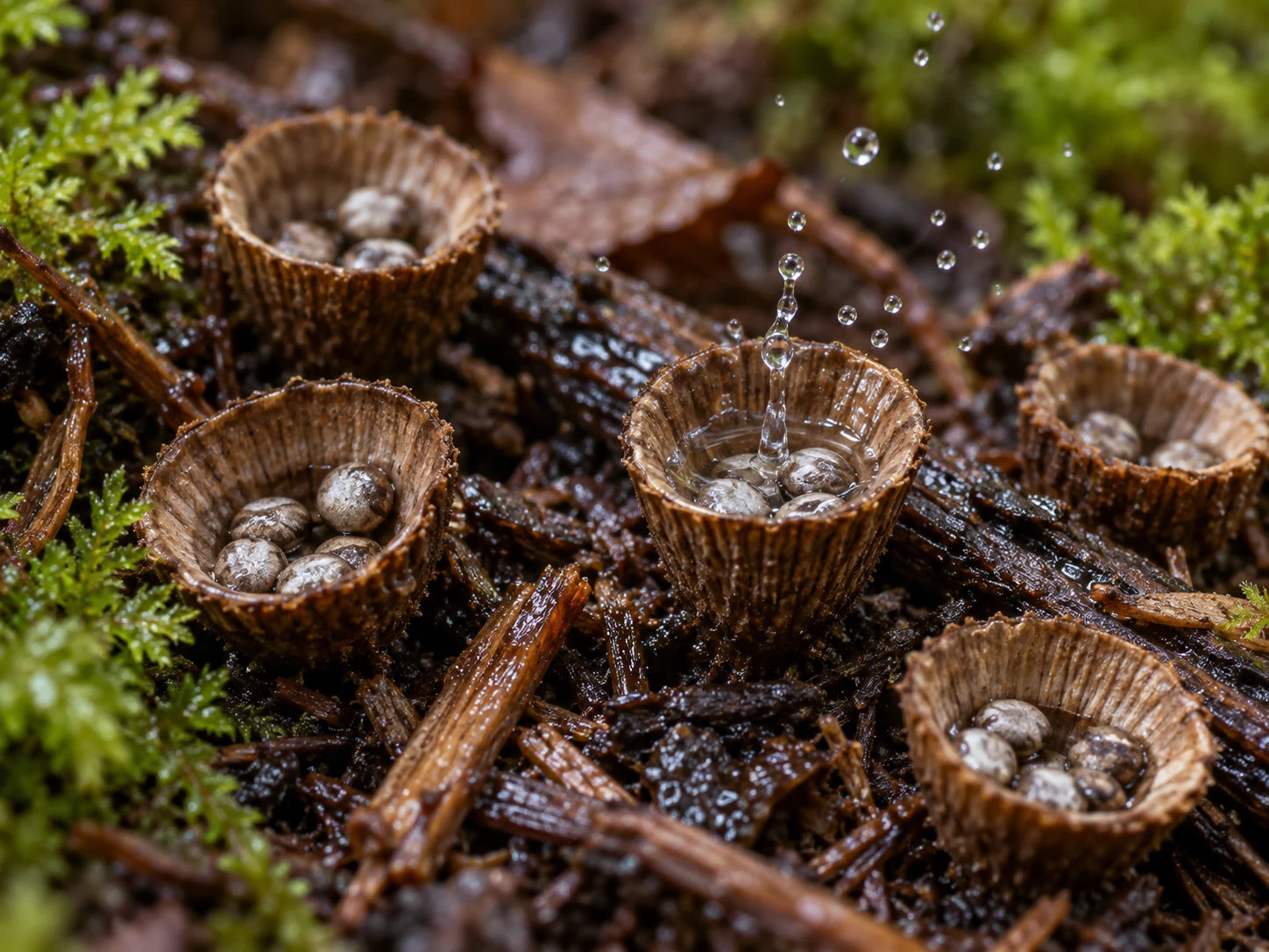 Tiny brown cup-shaped fungi holding round spore packets as a raindrop splashes inside