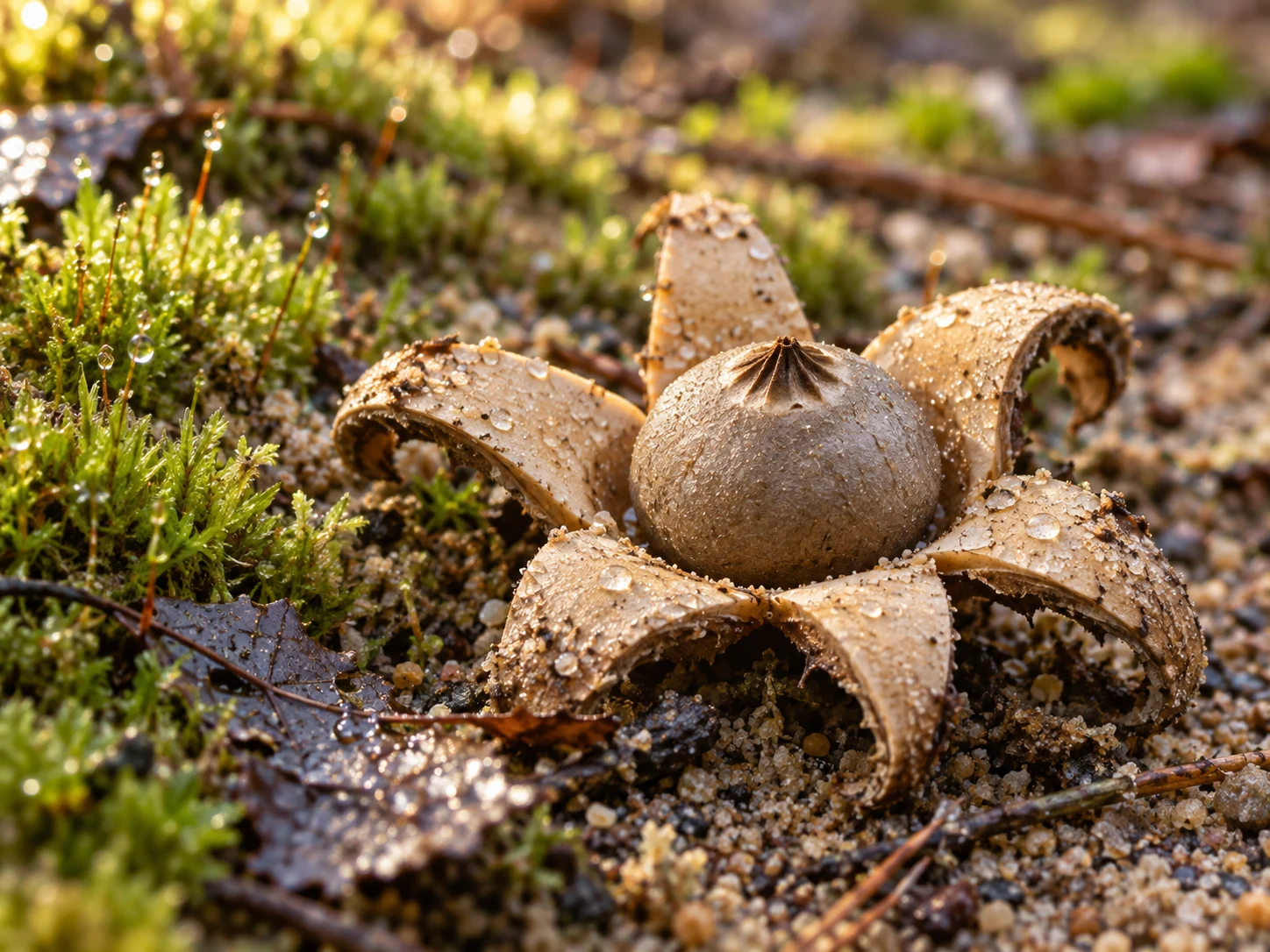 A brown earthstar fungus opened into broad rays on a damp sandy forest floor
