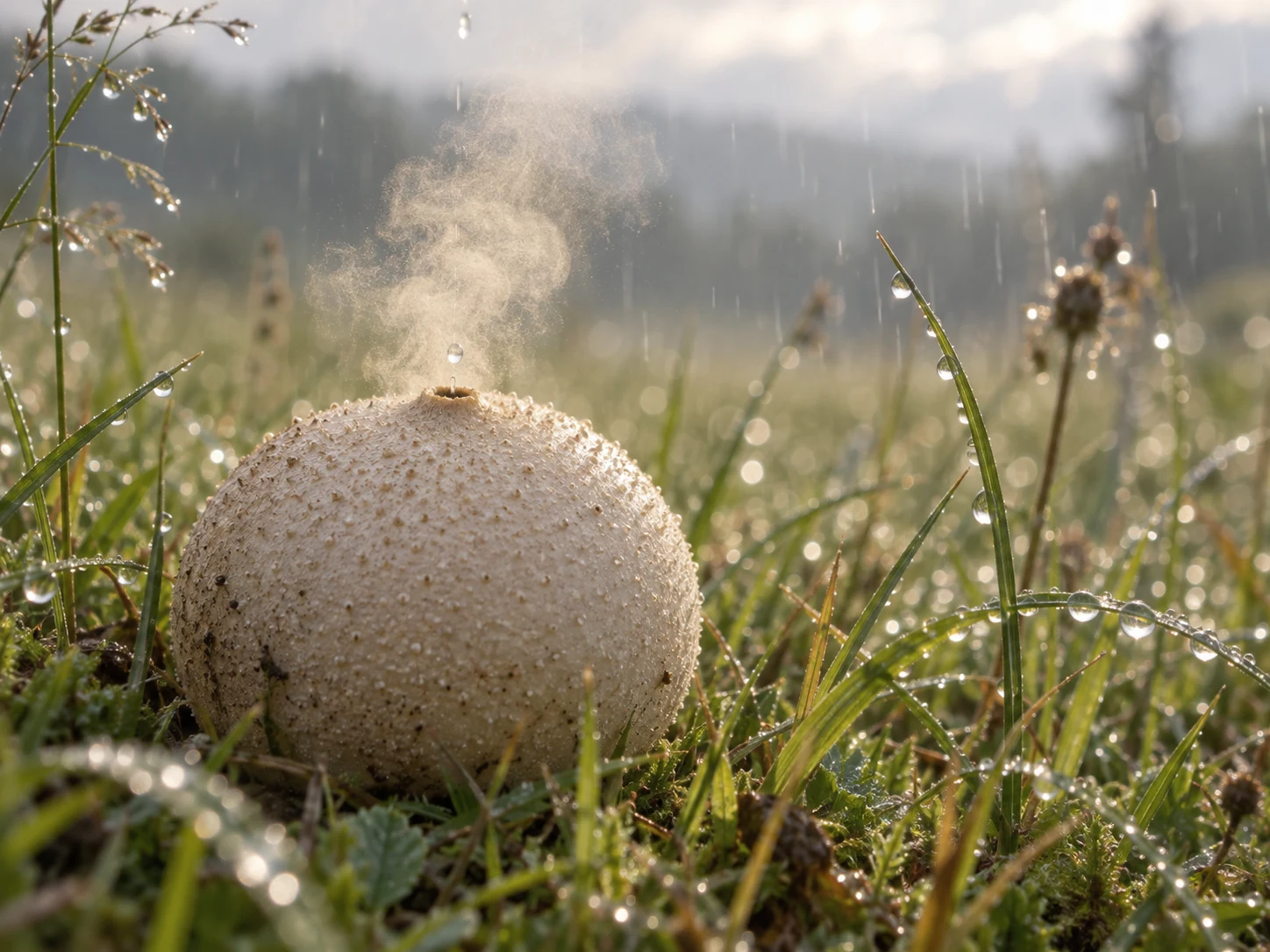 A pale round puffball releasing a soft cloud of spores in a rain-damp meadow