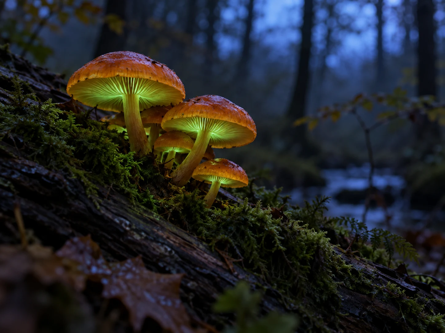 Orange mushrooms with softly glowing green gills on a mossy log at night