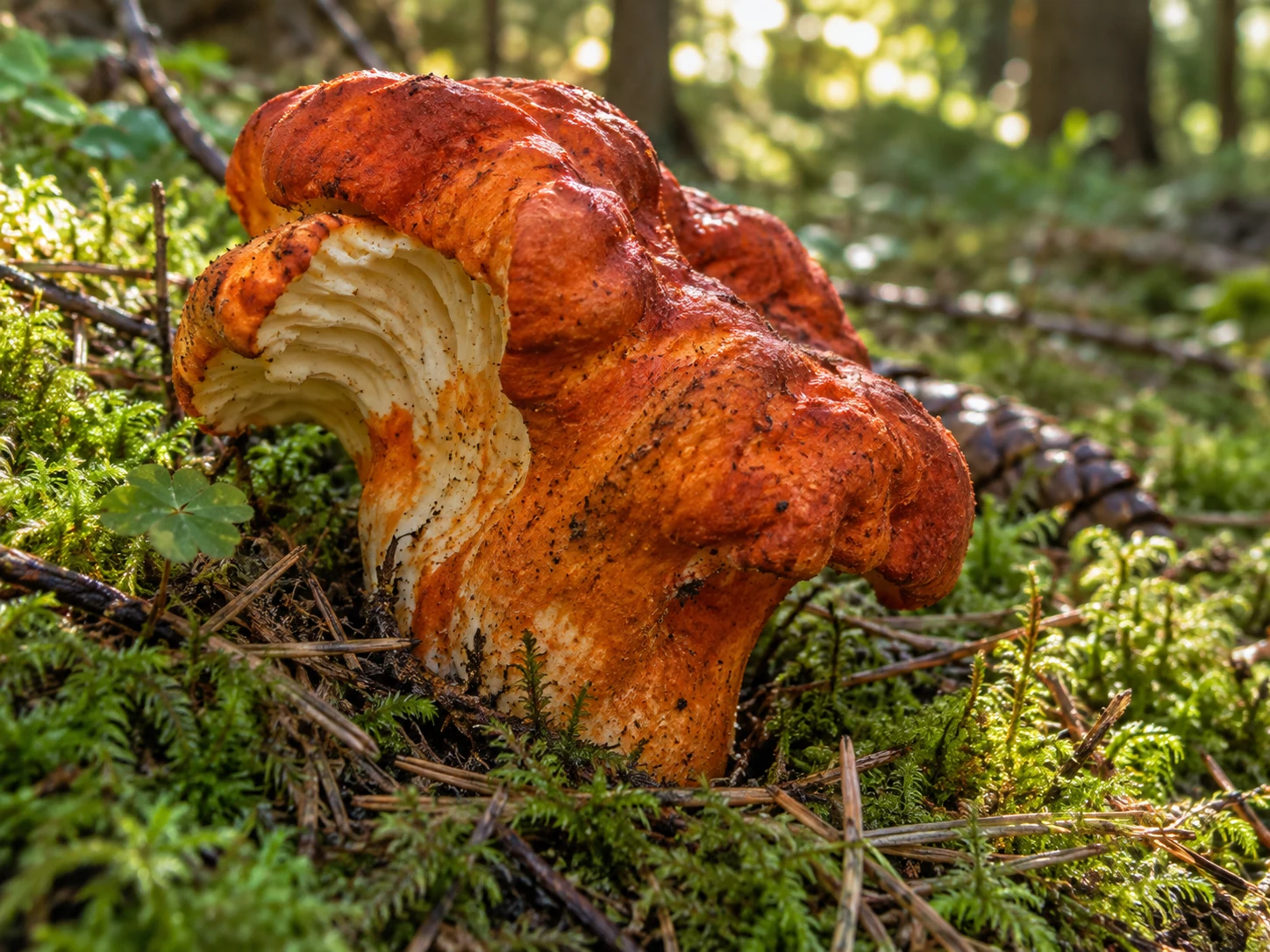 A vivid orange-red lobster mushroom with creamy folds on a mossy forest floor
