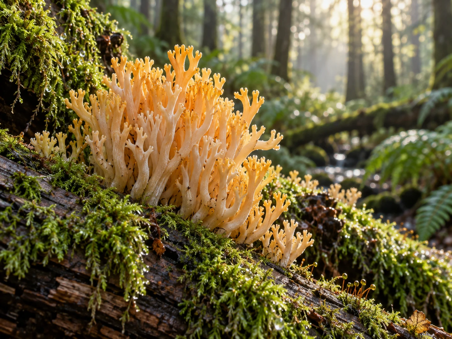 Cream and gold coral fungi branching across a moss-covered fallen log