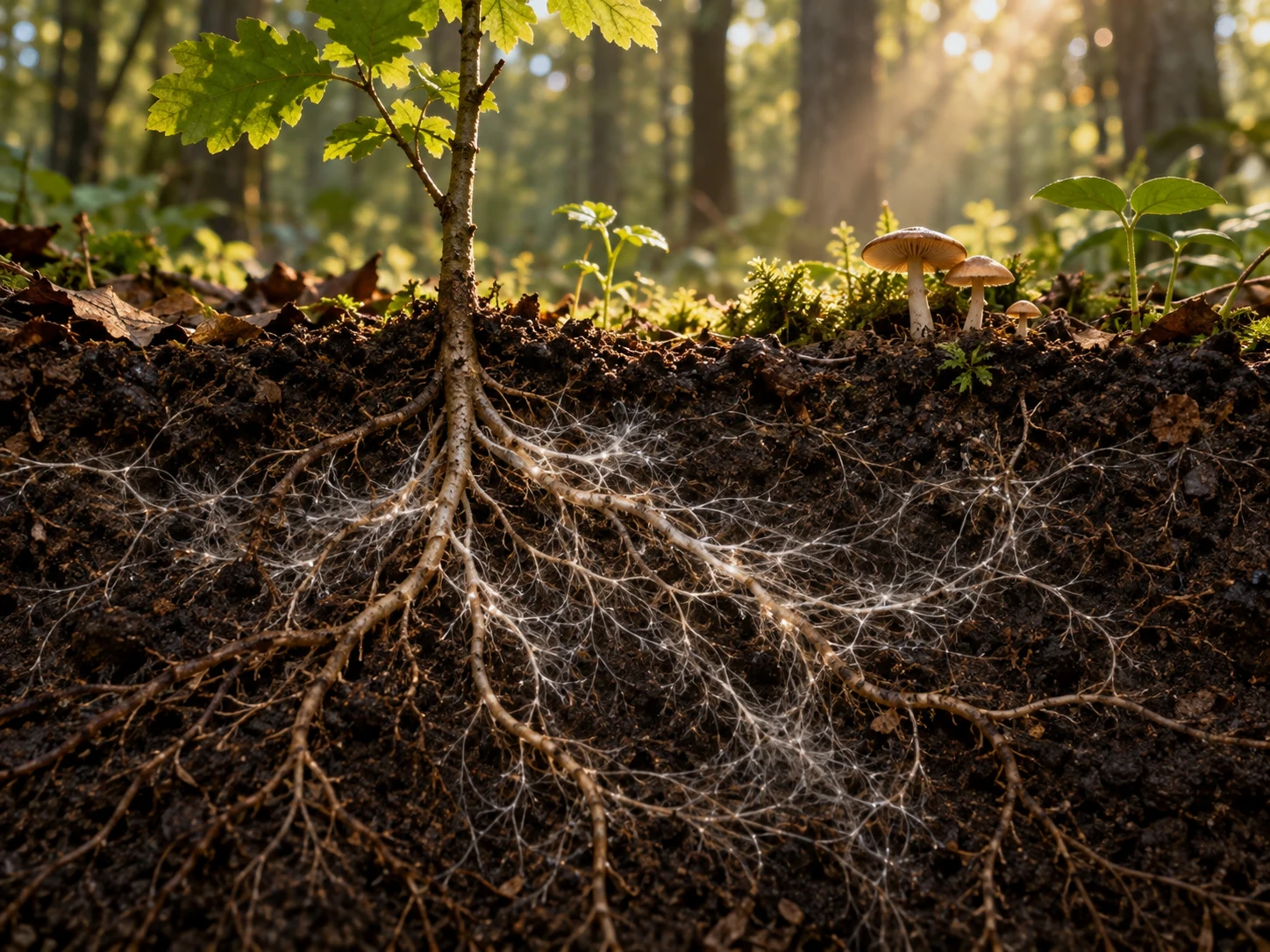 Fine white fungal threads woven through dark soil around the roots of a young tree