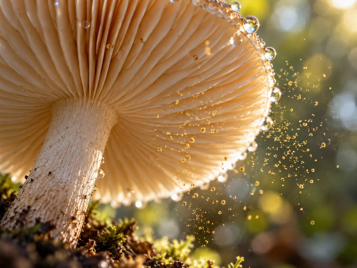 Golden spores drifting from the pale gills of a dew-covered mushroom