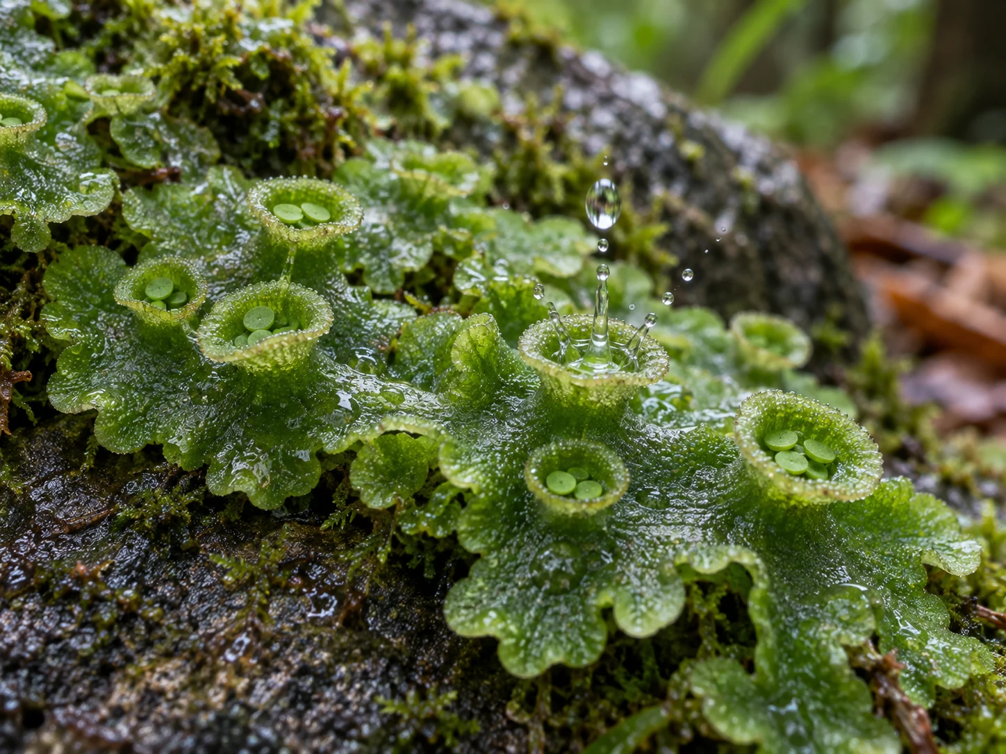 Emerald liverwort with round gemma cups and a clear raindrop splashing into one cup