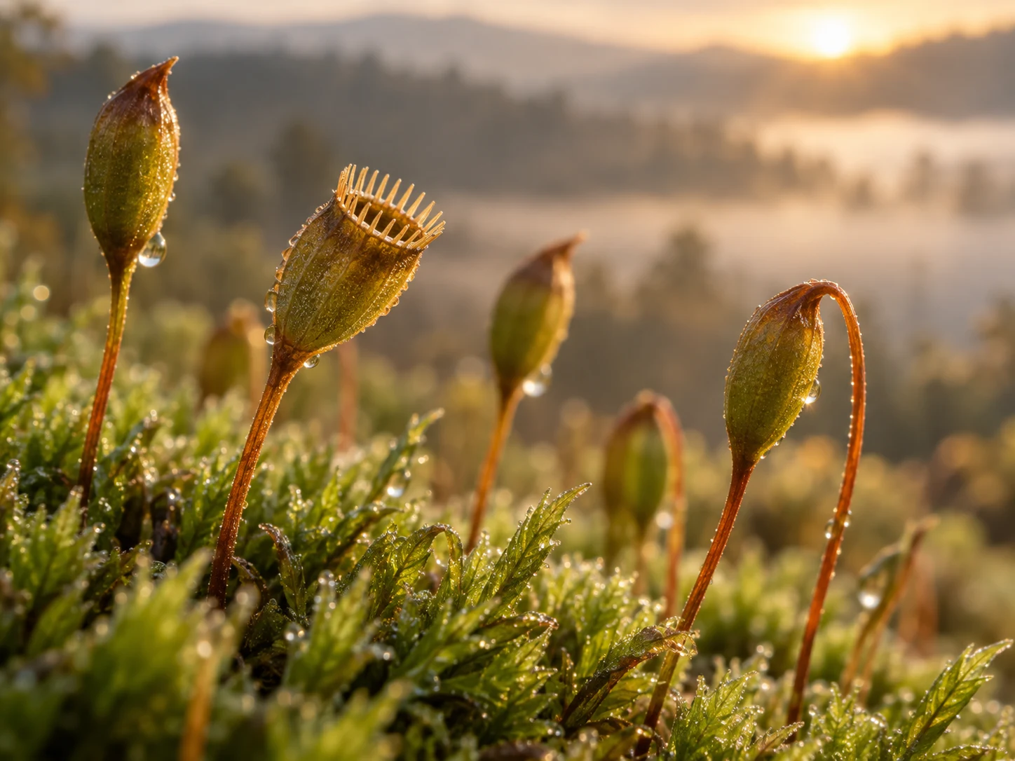 A moss capsule with a delicate ring of teeth above a dew-covered green moss bed