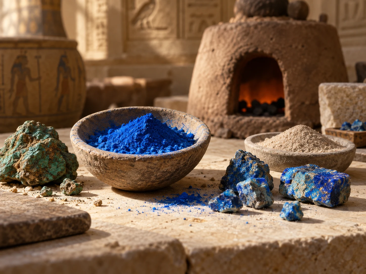 A bowl of vivid Egyptian blue pigment with blue fired lumps beside a small clay furnace