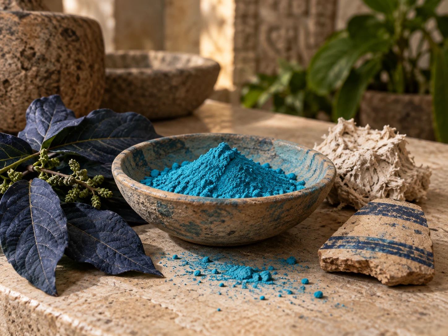 Turquoise Maya blue powder beside dark indigo leaves, pale clay, and a painted ceramic fragment