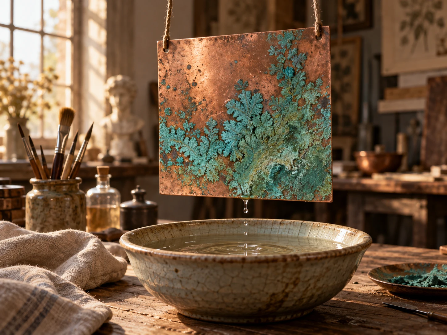 Blue-green verdigris crystals spreading across a copper plate above a bowl of vinegar