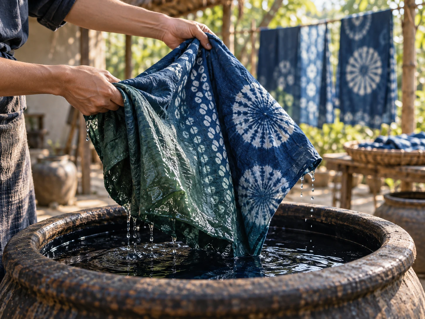 Hands lifting patterned indigo cloth from a dye vat as greenish wet fabric turns blue