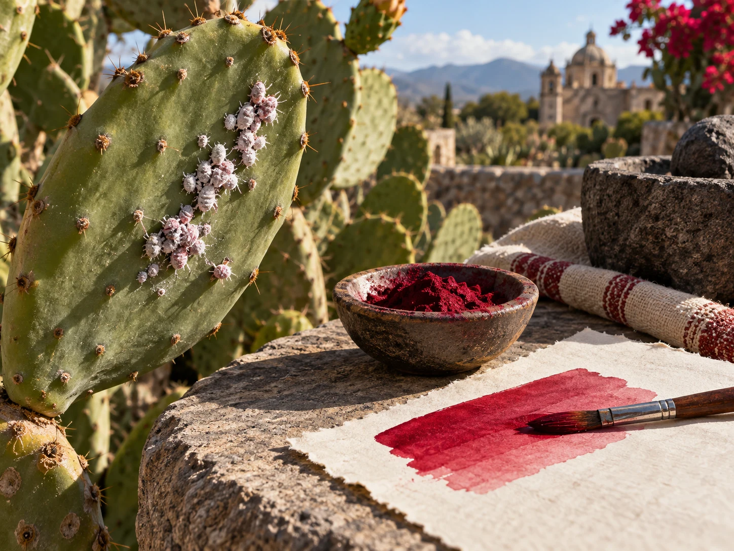 Cochineal insects on a prickly pear pad beside a bowl of crimson pigment and a red paint swatch