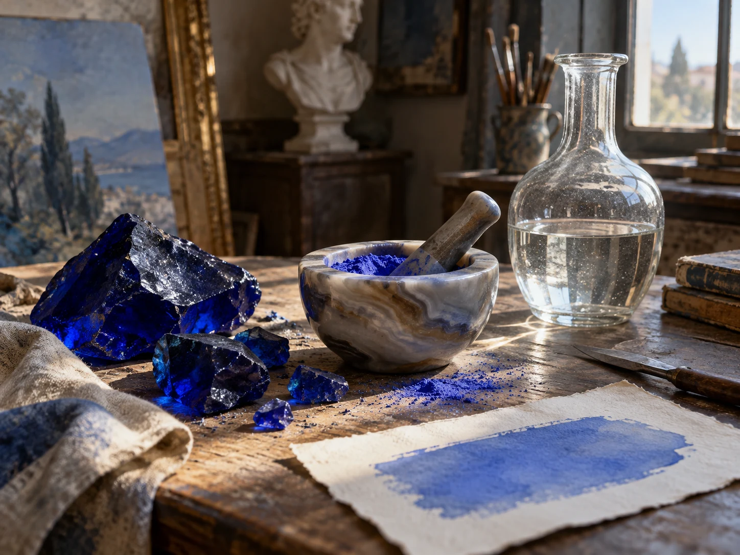 Deep cobalt-blue glass pieces beside a mortar of ground blue smalt pigment
