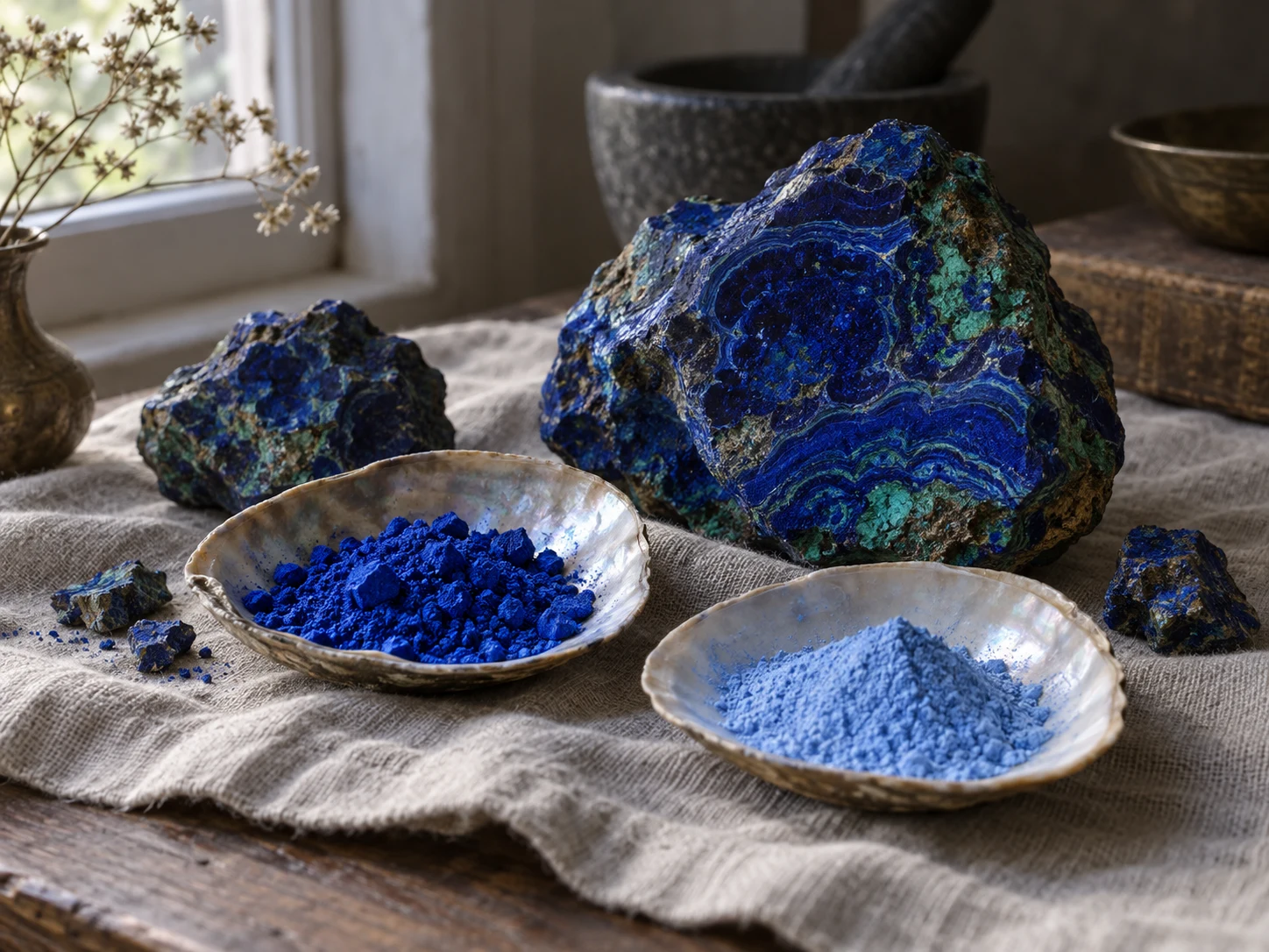 Azurite stones beside bowls of coarse deep-blue and fine pale-blue pigment