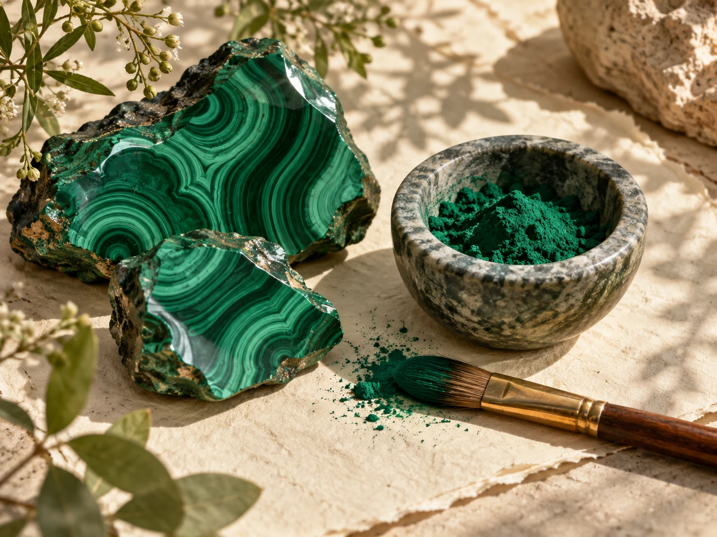 Banded green malachite stones beside a mortar of deep green pigment and a paintbrush